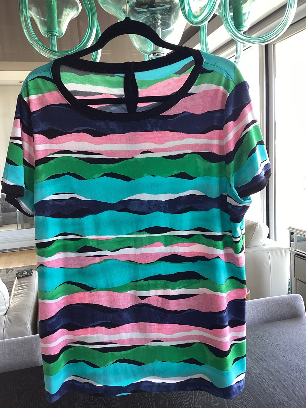 Striped Short-Sleeve Crewneck Top in Turquoise, Pink & Green.Anne Klein